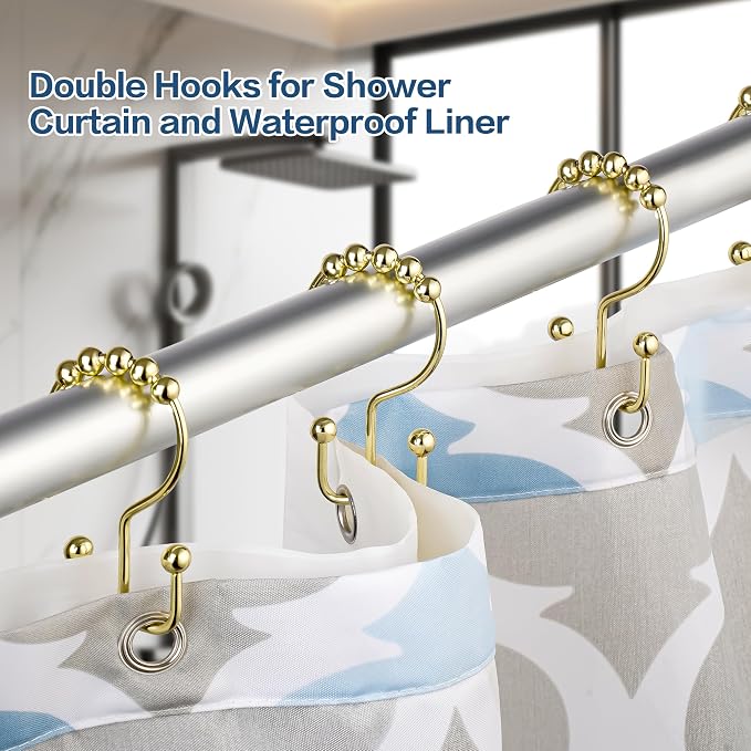 DAWNER Shower Curtain Hooks Rings, Rust Proof Hooks, Metal Easy Glide Double Shower Rings Hooks, Stainless Steel Shower Curtain Hangers for Bathroom Shower Curtains, Set of 12 Hooks, Gold Color