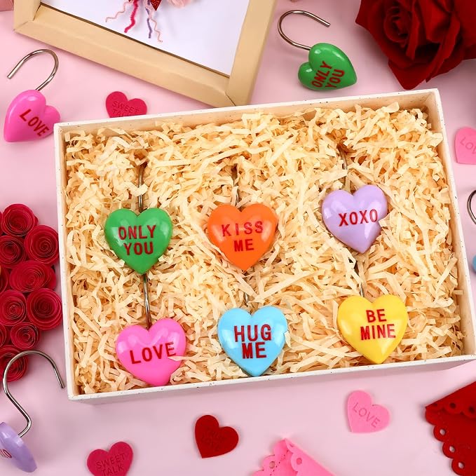 Valentine's Day Shower Curtain Hooks, 12Pcs Heart Shape Rustproof Resin Hooks with Love Messages, Decorative Bathroom Rings for Towel Curtain, 6 Colors