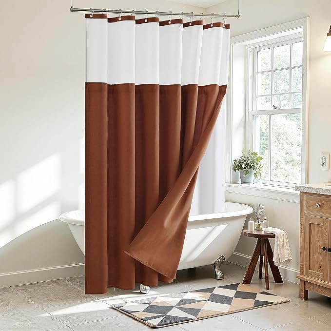 Extra Long Linen Shower Curtain 84 Inches Terracotta Double Layer | 7ft,Curtains with Hook, Snap in Liner, Water Repellent, Neutral Farmhouse, Neutral Bath Decor, 1 Panel, 72x84