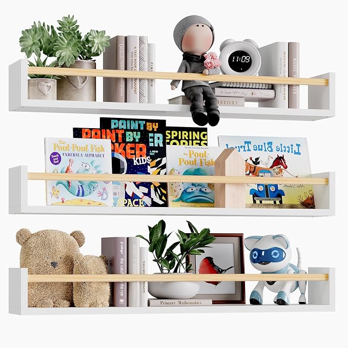Fixwal Floating Nursery Book Shelves for Wall, 23.6in, Set of 3, White Wood | Solid wood shelves store kids' books, toys and clothing. Fits kids' room, playroom, nursery, living room, bedroom & bathroom.
