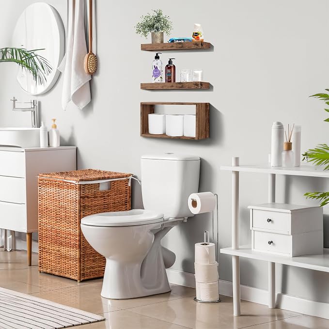 Sorbus Floating Shelves for Wall Set of 3 - Bathroom Shelves for Wall Storage, Over Toilet, Bedroom, Farmhouse, Decor - 2 Floating Shelves with Invisible Brackets & 1 Rectangular Box, Mahogany