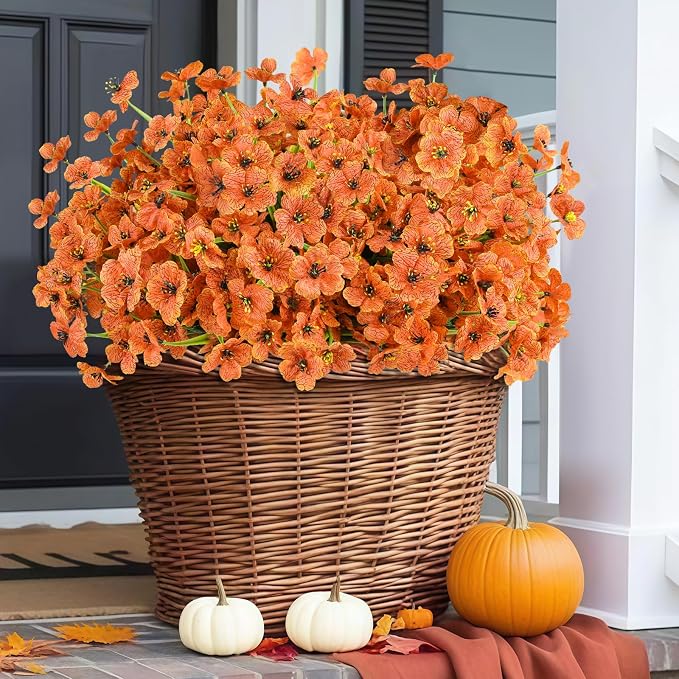 24PCS Artificial Fall Flowers for Outdoors, Fake Mums, Orange | Realistic Faux Silk Flowers, Fall Decorations for Home Porch Yard Planters, Thanksgiving & Harvest Autumn Decor