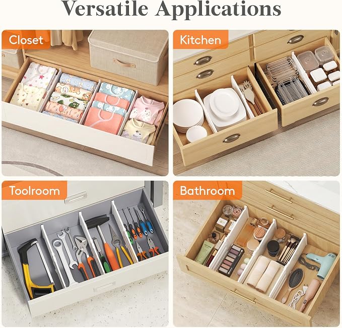 Lifewit 6" Tall Drawer Dividers, Adjustable Deep Drawer Organizer Clothes | 5 Pack 11.5"-18.5" Expandable White Plastic Separators for Dresser, Kitchen, Cabinet, Closet, Office Organization & Storage