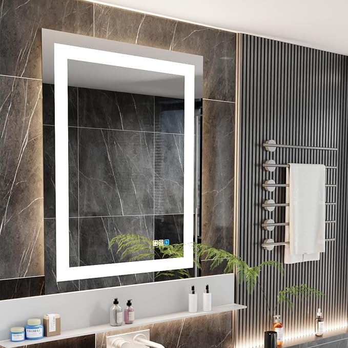 20x28inches Rectangle LED Mirror, Smart Bathroom Mirror with Lights, Anti-Fog, Tempered Glass, 3 Colors Dimmable, Front and Backlit, CRI 90+, Wall Mounted, Memory Function