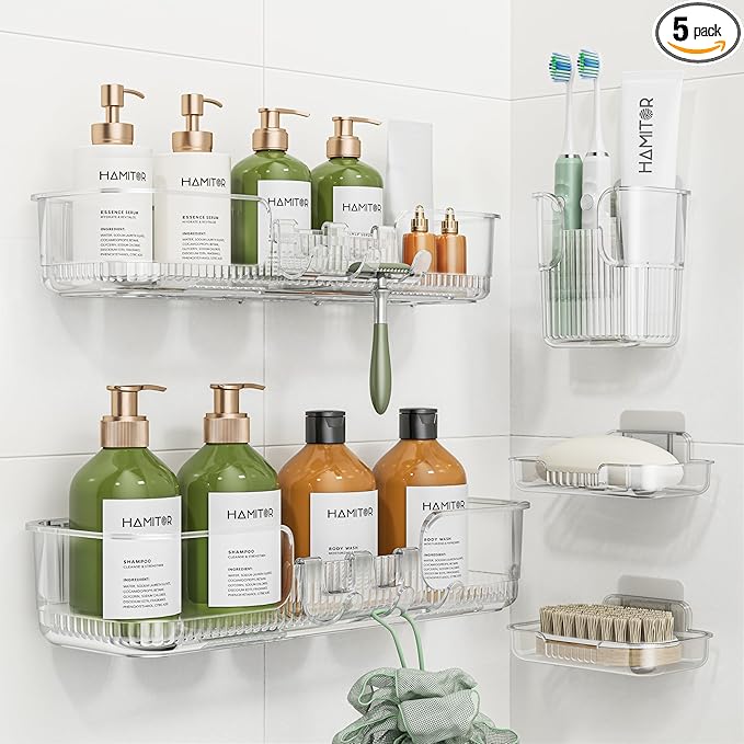 HAMITOR 5 Pack Adhesive Shower Caddy, Clear Transparent Shower Organizer | Modern Clear Design, Waterproof Adhesive Setup, Quick Drainage Shelves, Perfect for Homeowner, Apartments & Stylish Bathrooms