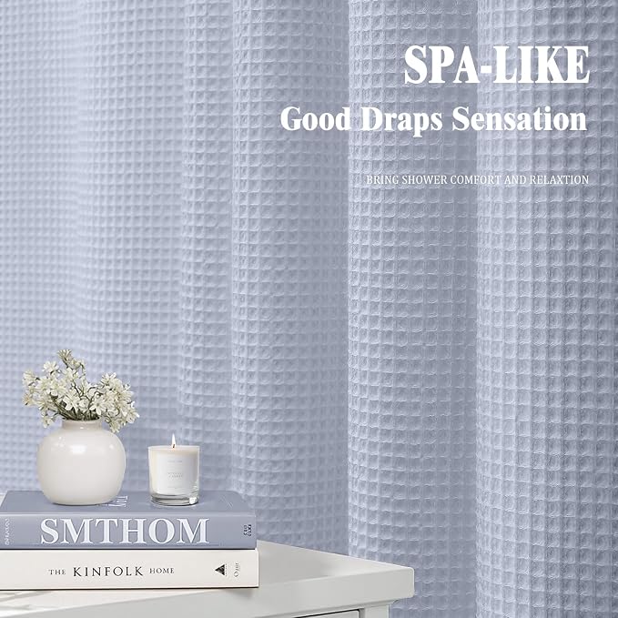 Long Waffle Weave Shower Curtain Heavyweight Cotton Fabric Misty Blue 72Wx78L