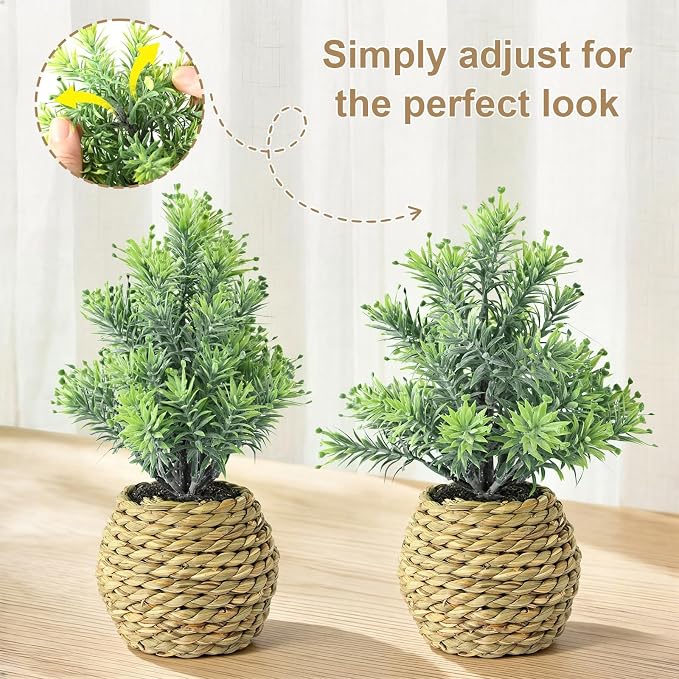 Small Fake Plants, 4 Pack Artificial Plants in Handwoven Seagrass Baskets | Natural Woven Texture, 4 Unique Plant Designs, Shelf, Desk & Table Decor, Realistic Faux Greenery, Farmhouse & Boho Decor