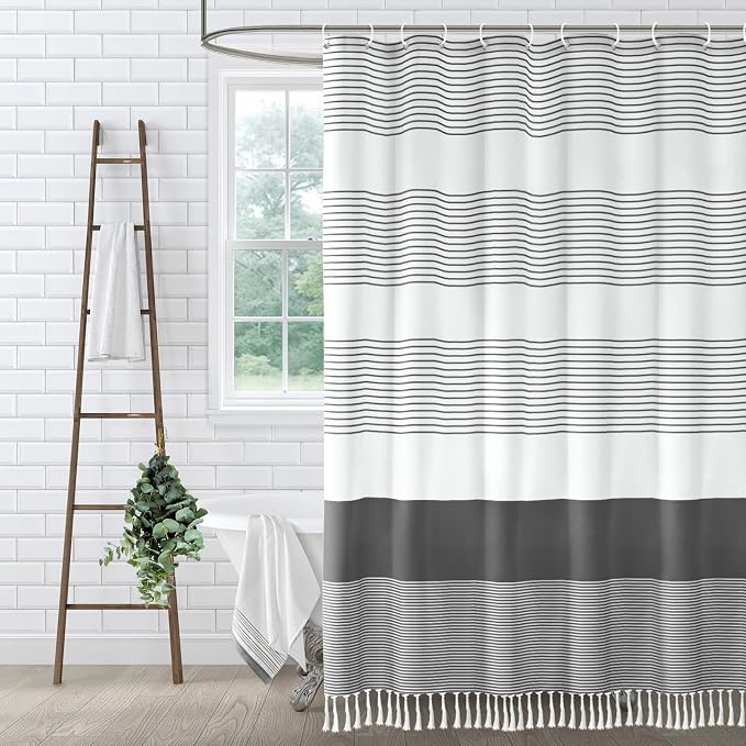Dark Grey Farmhouse Cotton Striped Shower Curtain with Tassel 72"W X 72"L | Boho Farmhouse Shower Curtains for Bathroom with Soft Cotton Feel