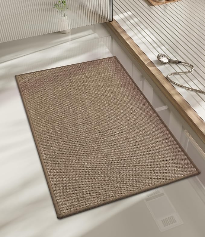 Bathroom Rugs Mat 32x17, Ultra Thin Non Slip Bath Mat Quick Dry Absorbent Bath Mat for Bathroom Floor, (Dark Beige, 32"x17")