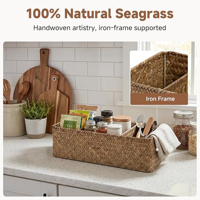 StorageWorks Toilet Paper Basket, 3-Section Toilet Tank Basket, Seagrass | Wicker Basket, Toilet Paper Storage for Back of Toilet Tank, Woven Baskets for Shelves, Wicker Baskets with 3 Compartments
