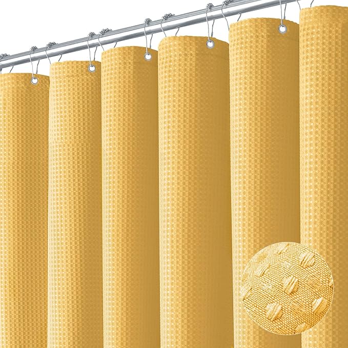 Extra Long Waffle Shower Curtain 256 GSM Fabric 72"x84" Gold | 84 Inch Long, Thick Polyester Cloth, Weighted Hem, Water Repellent, Washable, Tall Hotel Bathroom Shower Curtain Set 12 Hooks