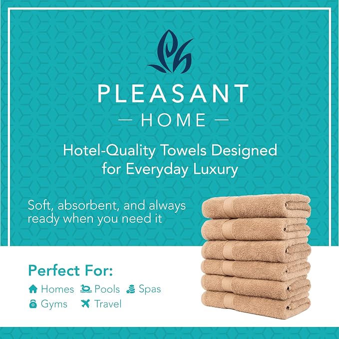 Pleasant Home Bath Towels Set of 6 (24” x 50”) 100% Cotton, Mocha | 515 GSM | Lightweight, Soft & Highly Absorbent Luxury Towels for Bathroom | for Gym, Pool & Spa