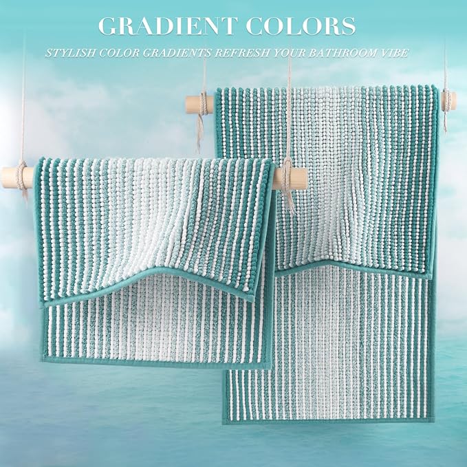 Bathroom Rugs and Mats Sets, 2 Piece Thick Absorbent Chenille Bath Mat Rug Set Non Slip, Soft Shaggy Bath Room Floor Mats for Bathroom, Machine Washable (Aqua Green, 20" x 47" Plus 20" x 32")