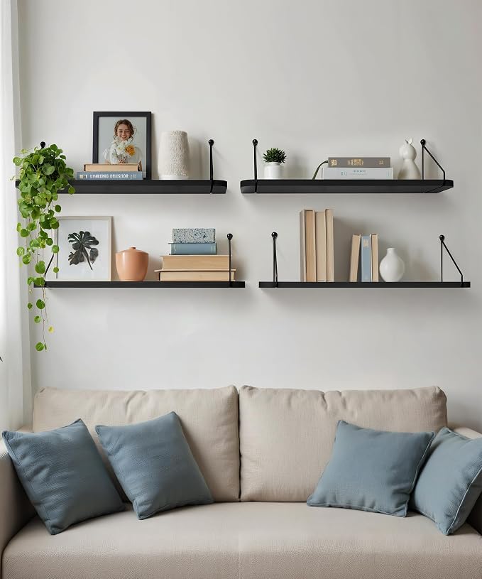 Afuly Black Floating Shelves for Wall, 24in Shelf with Brackets, Set of 2 | Long Hanging Bookshelf, Plants Photos Display, Organizer Modern, for Bathroom, Kitchen, Living Room, Bedroom, Home Decor