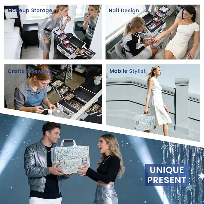 Makeup Case Cosmetic Train Case Organizer 11.8 Inch Large Makeup Box Travel Storage Make Up Train Carrying Case with 6 Trays Locking Hard Vanity Storage Glitter Silver