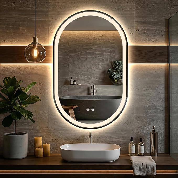 Oval LED Bathroom Mirror, Backlit + Front Lit Mirror Black Frame | 3 Color Dimmable, Anti-Fog, 32"x20", Memory Function, Shatter-Proof, HD Glass, Pill-Shaped Mirror, Vertical or Horizontal