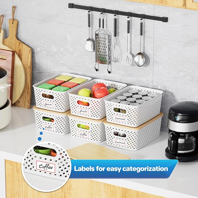 Anysig 8 Pack Plastic Storage Bins with Bamboo Lids, 5.2 QT Stackable Bins | Decorative Small Storage Basket Containers for Organizing Shelves Office Classroom Desktop Closet, Cream White