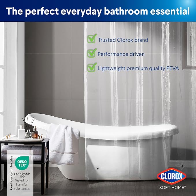 Clorox Shower Curtain Liner & Hooks, Premium Lightweight Flexible Waterproof 4g PEVA for Bathroom with Weighted Magnets, Standard Size 70" x 72", Clear 1 Pack
