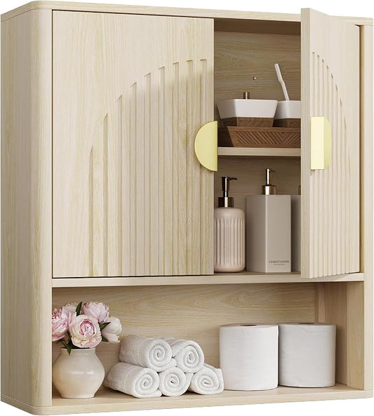 Bathroom Wall Cabinet, Fluted Medicine Cabinet, Natural | Adjustable Wood Shelf, Over The Toilet Storage Cabinet for Laundry Room, Living Room, Rounded Metal Handle, 2 Doors