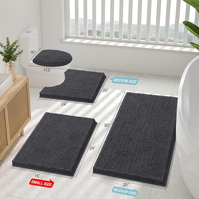 Smiry Bathroom Rugs 36X24, Luxury Chenille Extra Soft Absorbent Bath Mat | Charcoal Grey, Machine Washable Non-Slip Plush Bath Mats for Bathroom, Tub, Shower, and Floor, Home Decor