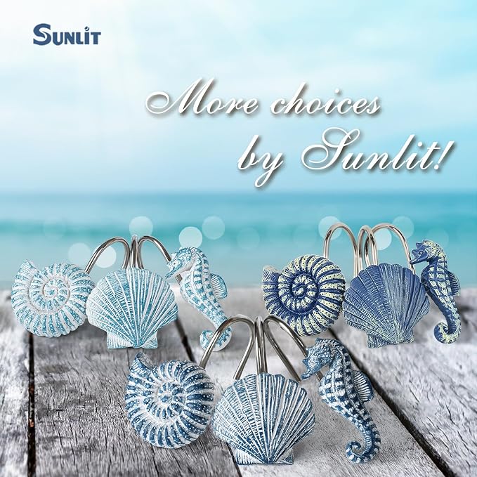 Sunlit Seashells Decorative Shower Curtain Hooks, Sky Blue Ocean Creatures Coastal Shower Curtain Rings, Resin, Nautical Bathroom Decoration Beach Shower Curtain Hooks-12 Pack