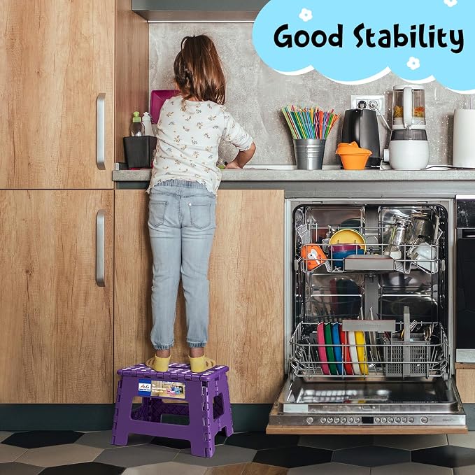 ACKO 9 Inch Folding Step Stool, Non-Slip Foldable Stools for Kids, Purple | Heavy Duty Collapsible Foot Stool, Lightweight, Holds 300lb for Toddler/Adults Kitchen Bathroom Bedroom Outdoor, with Handle
