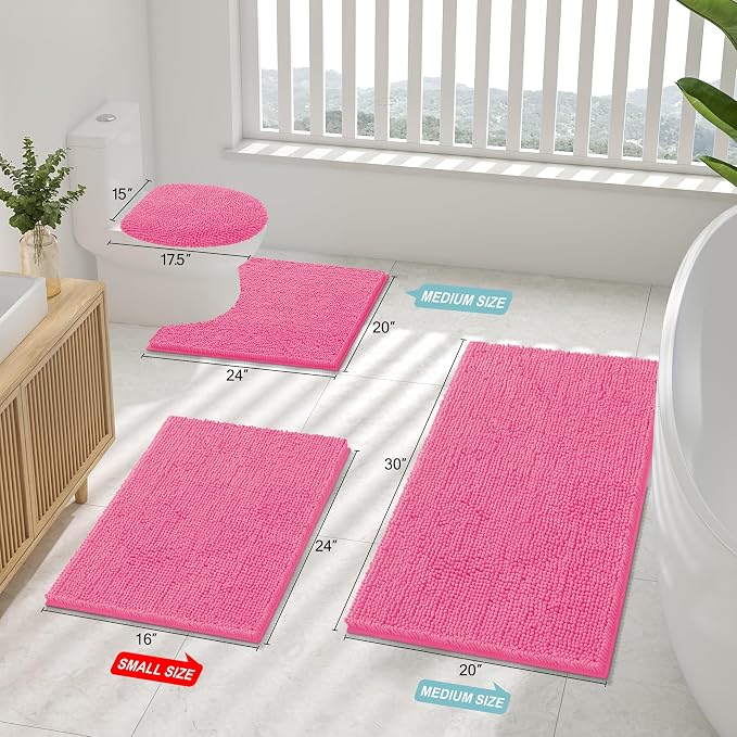 Smiry Bathroom Rugs 34X21, Luxury Chenille Extra Soft Absorbent Bath Mat | Hot Pink, Machine Washable Non-Slip Plush Bath Mats for Bathroom, Tub, Shower, and Floor, Home Decor