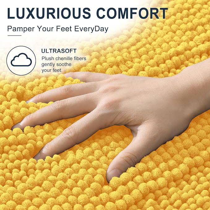 Smiry Thick Chenille Bathroom Runner Rugs 59x20, Absorbent Bath Mat, Yellow | Quick‑Dry & Machine Washable, Non‑Slip Bath Carpet, Soft Striped Bath Rugs for Tub & Shower, Modern Home Decor Accessories