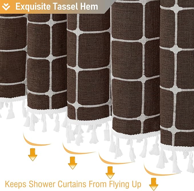 Brown Boho Farmhouse Linen Heavy Duty Fabric Shower Curtain Set, 72x72 | 330GSM Linen Blend, Classic Plaid, 3-side Tassels, Water Repellent Cloth, 12 Plastic Hook, Rustic Bohemian, Machine Washable
