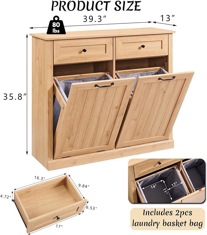 IFBUY Double Tilt Out Laundry Hamper Cabinet, Trash Cabinet, Natural | 20 Gallon Farmhouse Trash Cabinet w/Drawers, Hidden Wood Garbage Can Cabinets w/Laundry Storage Basket for Bathroom, Kitchen