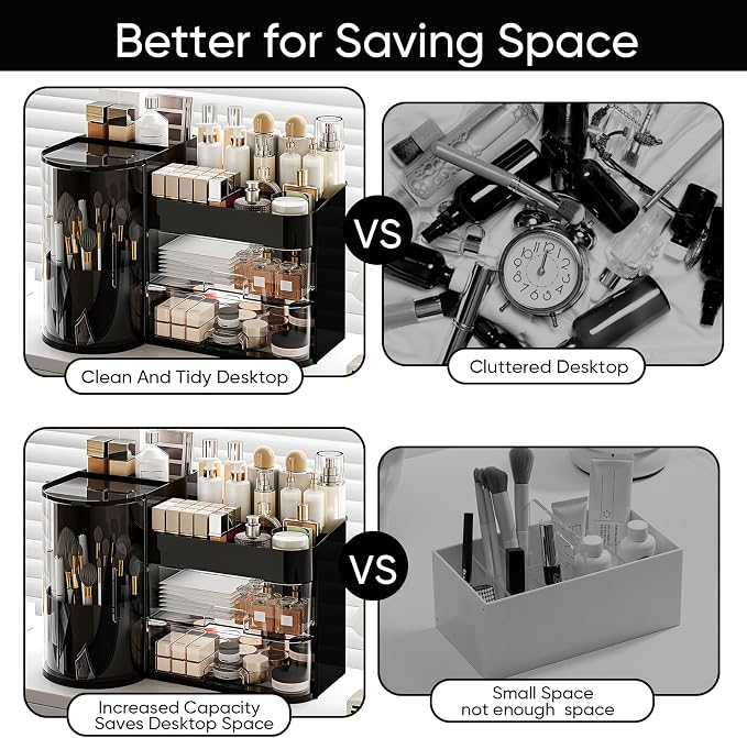 Makeup Organizer,Rotating Cosmetic Storage Organizer with Drawers,Large Capacity Makeup Brush Holder,Skincare Vanity Organizer for Bathroom Countertop,Black