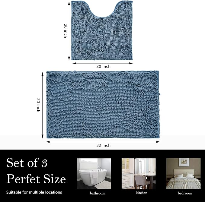 Bathroom Rugs Chenille Bath mat 2 Piece Set, Super Absorbent, Strong PVC Non Slip Backing, Bath mats for Bathroom, Plush Shaggy, Thick, Machine Washable, Bathtub, Toilet .(Medium Blue)