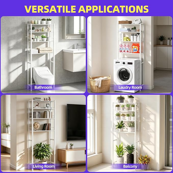 KMwisde 4 Tier Over The Toilet Storage, Bathroom Organizer Shelves with Adjustable Height, Above Toilet Storage Cabinet with Freestanding Rack, White
