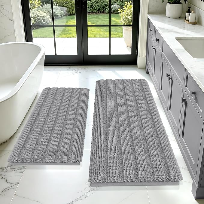 Striped Light Grey Bathroom Rug Mat Set 2 piece 24"x17"+48"x20" Ultra Soft, Non Slip Chenille Bath Rugs, Absorbent Plush Shaggy Bath Mats for Bathroom, Bedroom, Kitchen, Shower, Tub,Light Gray