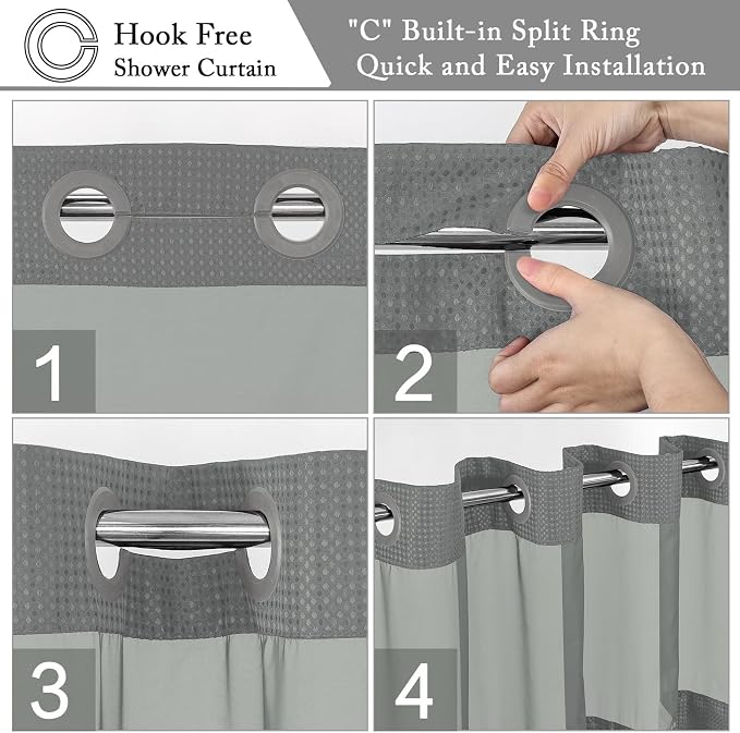 No Hook Cloth Grey Shower Curtain with Liner, 72x86 | Snap-in Fabric Liner, Hotel Style with Mesh Top Window, Waterproof Coating, Machine Washable, Rustproof Grommets