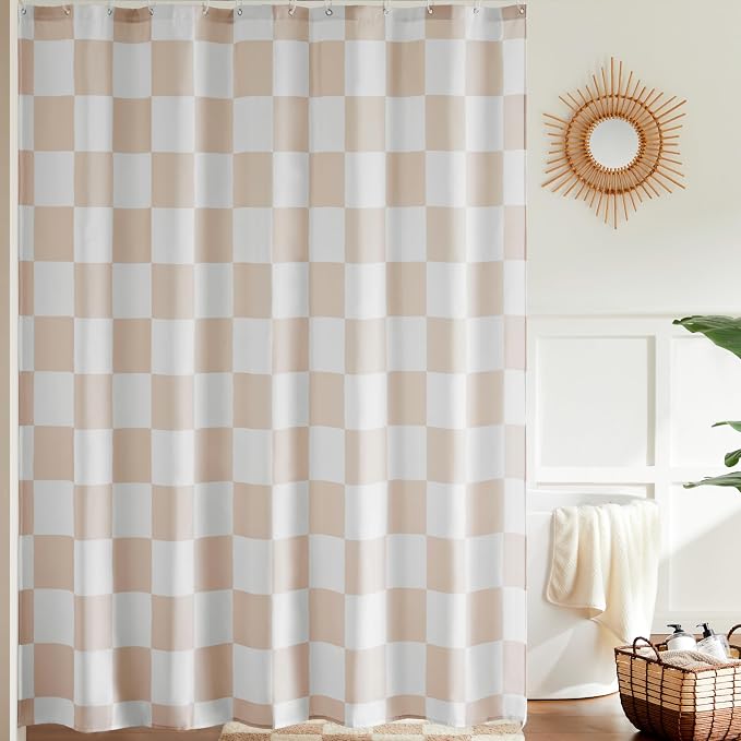 Ohocut Checkered Shower Curtain, Beige Shower Curtains for Bathroom, Cute Retro Checkboard Shower Curtain Vintage Aesthetic, Washable Fabric Bath Curtain 72''x72''