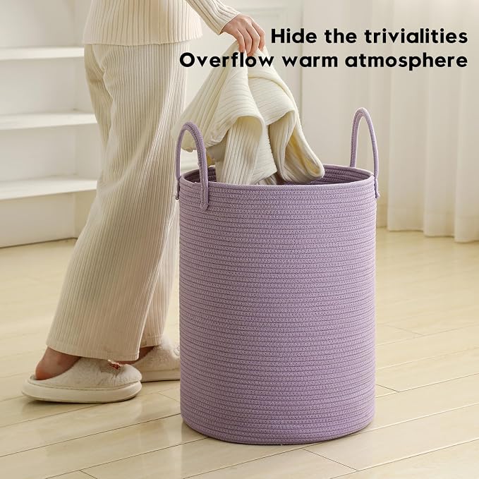 Laundry Basket Hamper Tall Rope Storage Woven for Blanket Toys Dirty Clothes in Living Room Bathroom Bedroom Purple 60L/15.8Gal