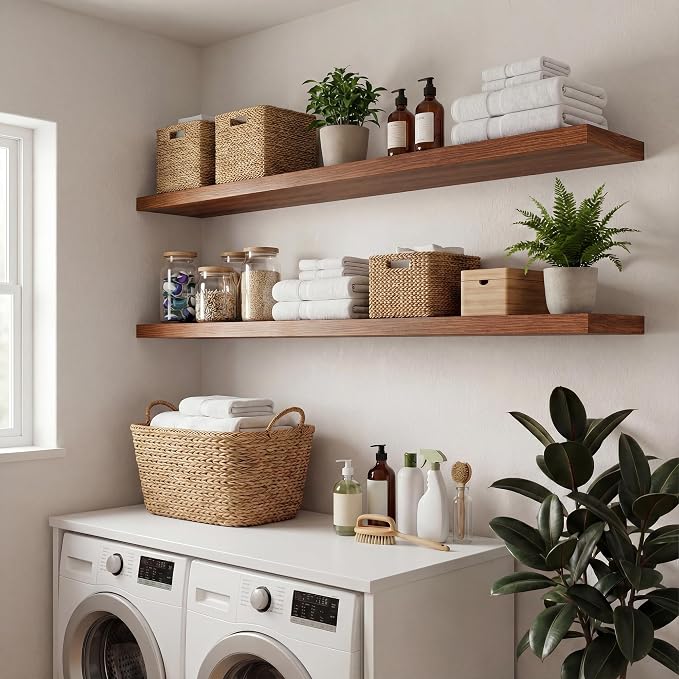 48 in Floating Shelves for Wall Decor Color Walnut,Pack 1 | Modern floating shelves for living room,bedroom,kitchen and bath.Organize & display books,photos and decor.easy mount,sturdy.