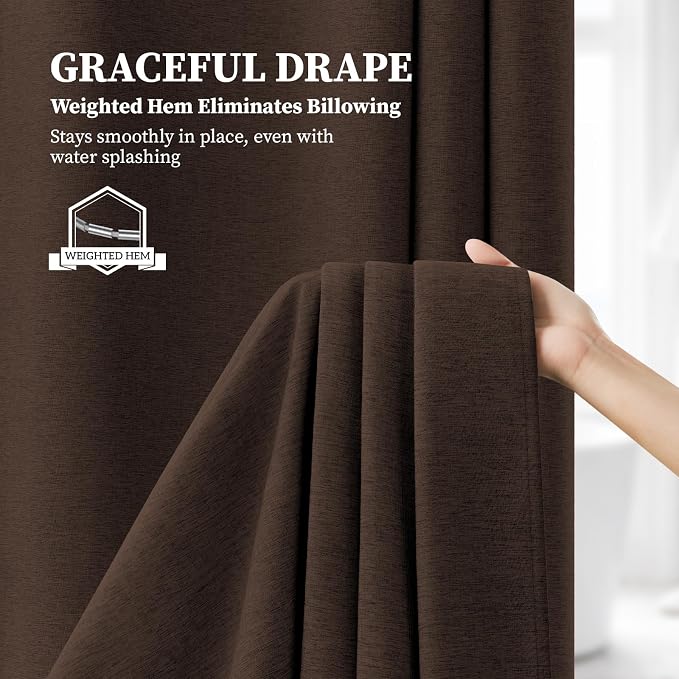 84x72 Wide Linen Textured Waterproof Thick Cloth Shower Curtain, Brown | Wide Size, 230GSM Polyester, Heavy Duty Fabric, Weighted Hem, 14 Plastic Hooks, Modern Luxury Hotel Style, Machine Washable