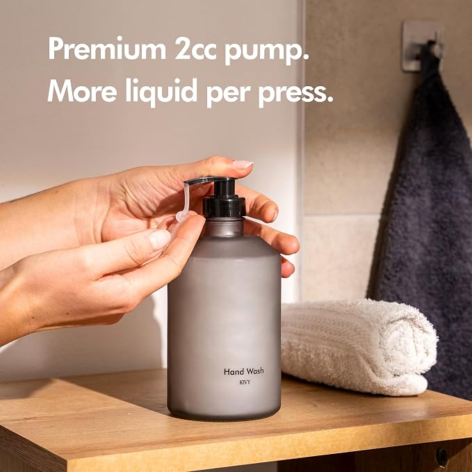 KIVY Glass Soap Dispenser Set [INCL. Waterproof Labels] - Glass Soap Dispenser with Pump - Hand Soap and Dish Soap Set - for Kitchen, Shower & Bathroom - Refillable (Matte Black)
