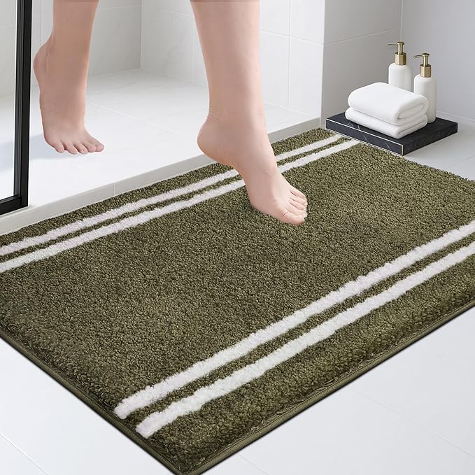 PURRUGS Bathroom Rug, Bath Mat, 24" x 36", Olive Green | Machine Washable, Non-Slip, Waterproof TPR Backing, Super Absorbent, Quick Dry, Bath Rug for Shower, Bathtub, and Sink