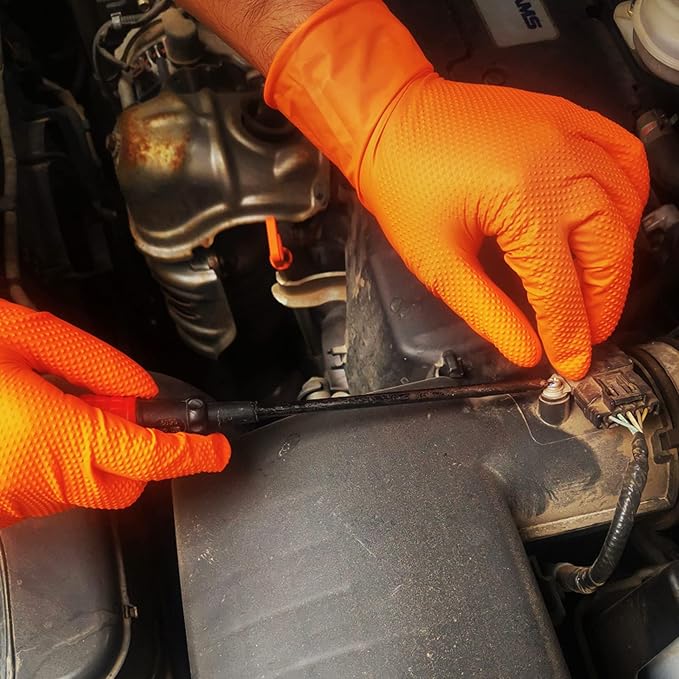 Heavy Duty Industrial Orange Nitrile Gloves, 8-mil, Gloves Disposable Latex Free with Raised Diamond Texture Grip, Powder Free, Rubber Glove, Mechanic Gloves,50-ct Box (XXL)