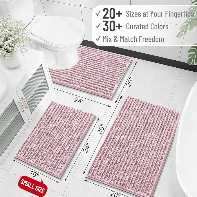 OLANLY Large Bathroom Rugs 59x35, Thick Soft Absorbent Chenille Bath Rugs | Dusty Rose, Quick-Drying Rubber Backing, Shaggy Bath Mat, Machine Washable for Floor, Tub and Shower, Home Decor Accessories