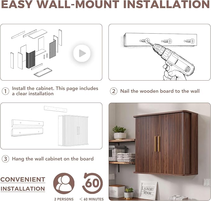 FIMELLO 29.5" W Bathroom Wall Cabinet, Laundry Room Cabinets Wall Mounted with Sliding Tambour Door, Kitchen Wall Cabinet, Floating Cabinet for Wall, Upper Cabinets, Brown Walnut
