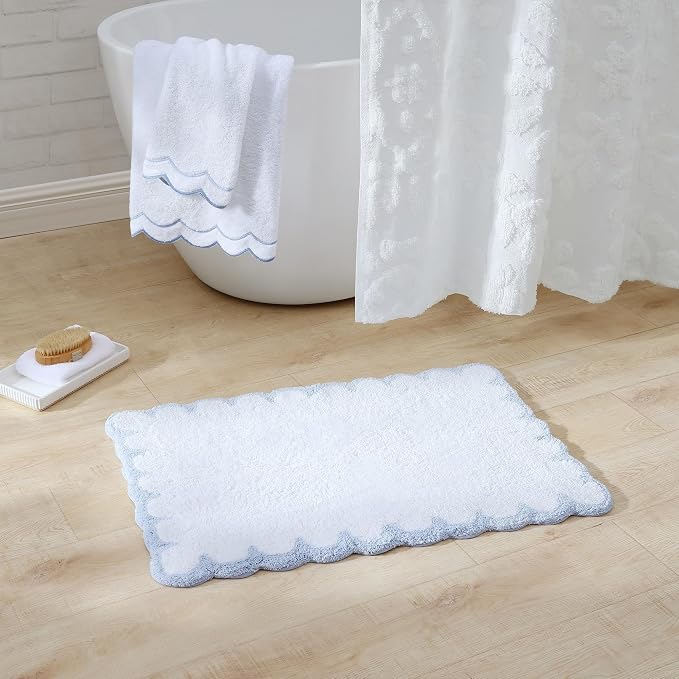 Peri Home Scalloped Bath Rug 20" x 30" White with Blue 1-Piece | Soft & Absorbent, Cotton Tufted, Mat, Scallop