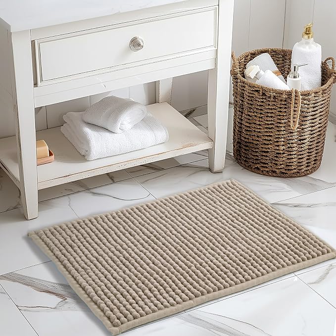 FRESHMINT Thick Chunky Chenille Bathroom Rug, Beige, 17"x24" | Non-Slip Backing, Water Absorbent Surface, Machine Washable Care, Cushioned Comfort, Bathroom Floor Use