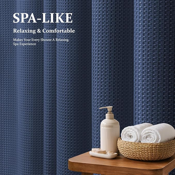Extra Long Waffle Shower Curtain 256 GSM Fabric 72x96 Navy Blue | 96 Inch Tall, Thick Polyester Cloth, Weighted Hem, Water Repellent & Washable, Hotel Shower Curtain Set for Bathroom 12 Hooks