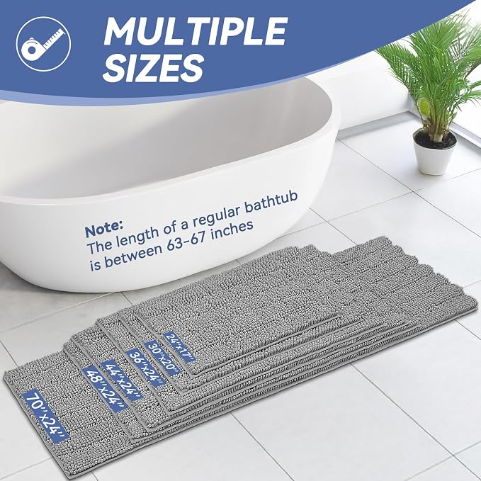Bcoimo Bath Rug Mat,48x24 Chenille Non Slip Gray Long Bathroom Runner Rugs | Extra Soft Bathroom Floor Mats;Non Slip with Rubber Back Bath Mats;High Absorbent, Quick Dry Microfiber mat; Machine Washable
