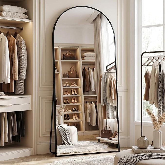 Full Length Mirror, 76" x 34" Arched Full Body Mirror Large Standing Floor Mirrors, Mirrors for Bedroom, Bathroom, Living Room Standing or Wall Leaning, Black