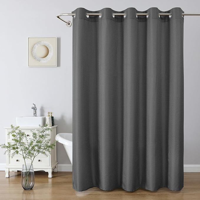 No Hook long Waffle Shower Curtain, No Liner Needed,71x86 In, Charcoal Grey | 100% waterproof TPU-laminated backing, magnetic weighted hem, machine washable, shower curtain set for bathroom or hotel use